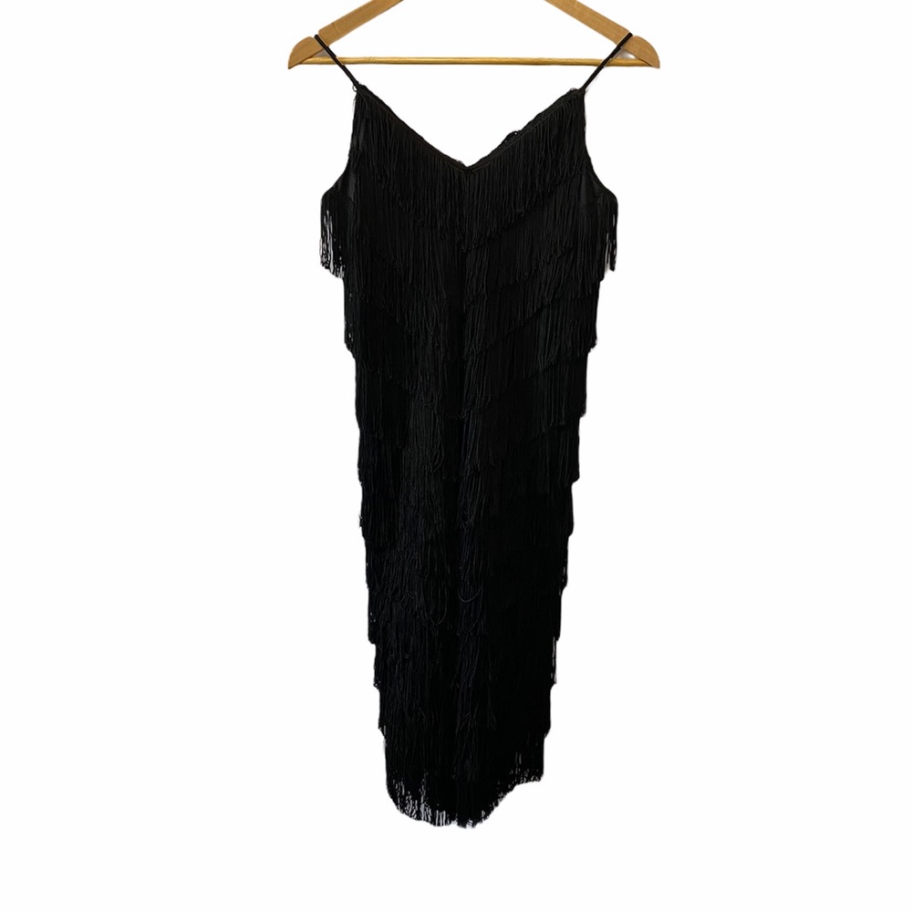 VINTAGE Black Fringe V Neck Knee Length Dress 4